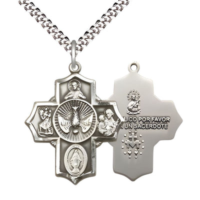 Spanish Holy Spirit Sterling Silver 5-Way Pendant on a 24 inch Light Rhodium-plated Heavy Curb Chain, Bliss Manufacturing