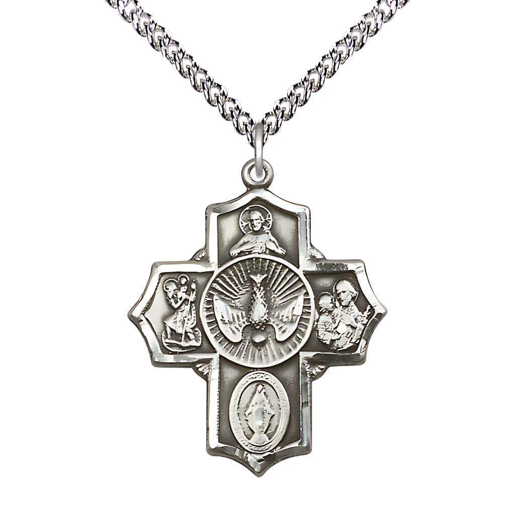Bliss Spanish Holy Spirit Sterling Silver 5-Way Pendant on a 24 inch Sterling Silver Heavy Curb Chain,