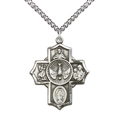 Spanish Holy Spirit Sterling Silver 5-Way Pendant on a 24 inch Sterling Silver Heavy Curb Chain, Bliss Manufacturing