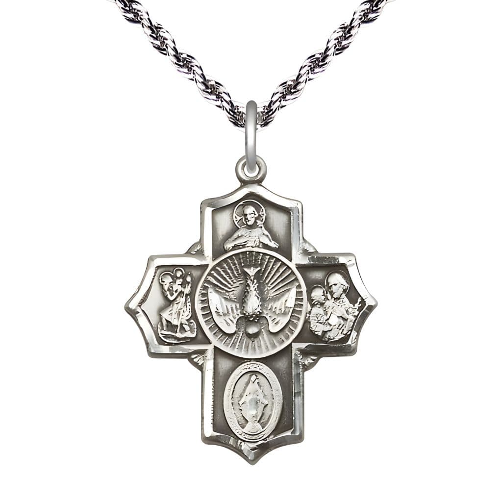 Bliss Spanish Holy Spirit Sterling Silver 5-Way Pendant on a 24 inch Plated French Rope Chain,