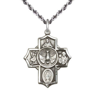 Spanish Holy Spirit Sterling Silver 5-Way Pendant on a 24 inch Plated French Rope Chain, Bliss Manufacturing