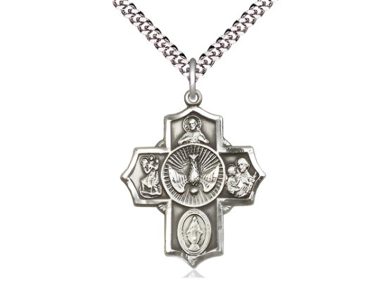 Sterling Silver 5-Way Pendant on a 24 inch Light Rhodium Heavy Curb Chain,