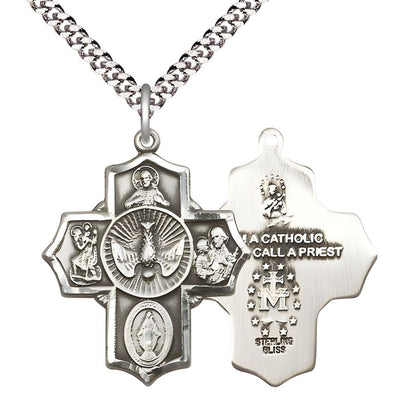 Holy Spirit and Scapular Sterling Silver 5-Way Pendant on a 24 inch Light Rhodium Heavy Curb Chain, Bliss Manufacturing