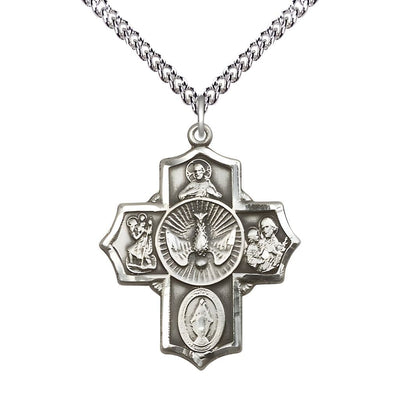 Holy Spirit and Scapular Sterling Silver 5-Way Pendant on a 24 inch Sterling Silver Heavy Curb Chain, Bliss Manufacturing
