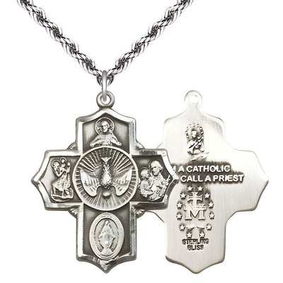 Holy Spirit and Scapular Sterling Silver 5-Way Pendant on a 24 inch Light Rhodium French Rope Chain, Bliss Manufacturing