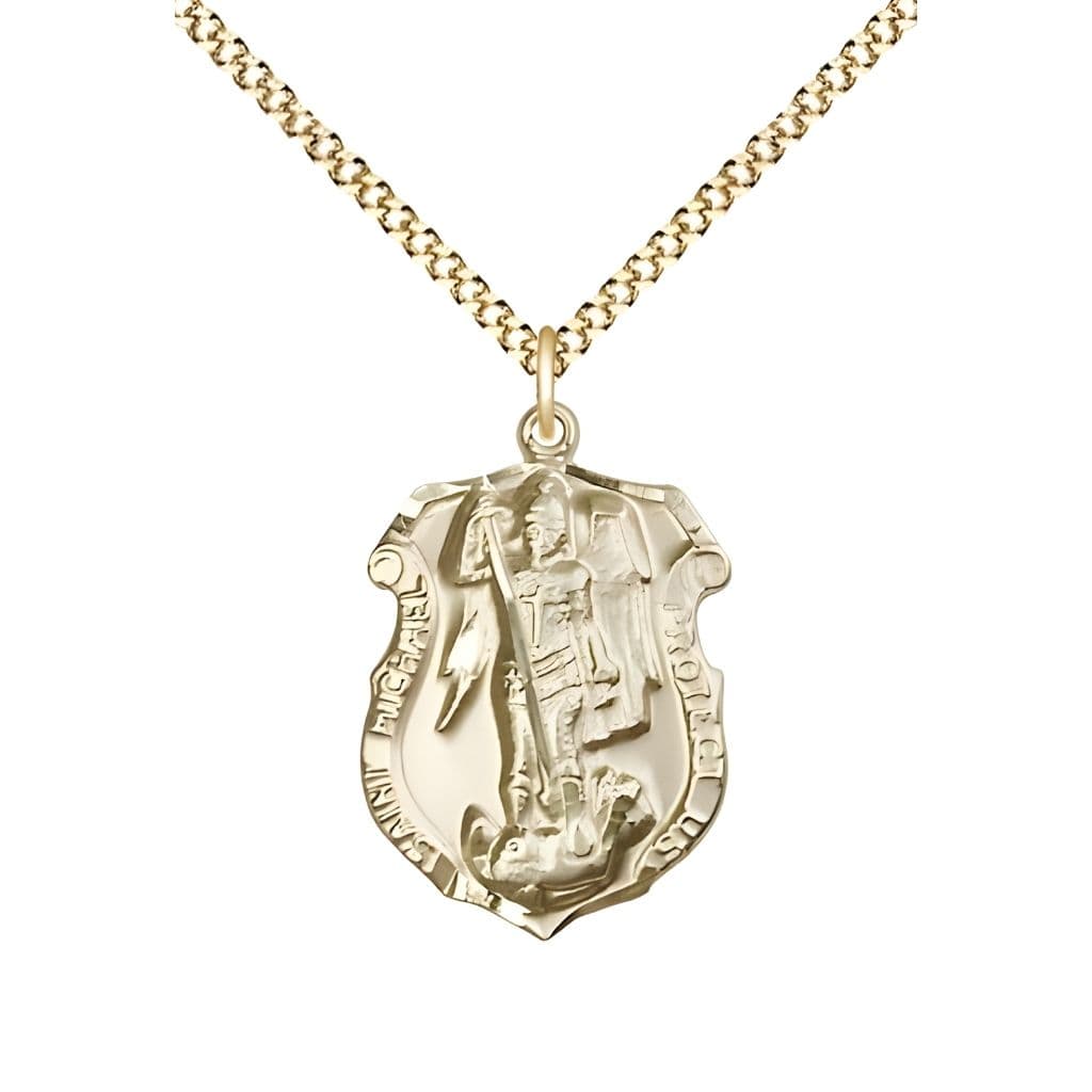 Bliss Shield St. Michael  the Archangel 14kt Gold-filled Oval Medal Pendant with Gold-plated Chain, Measures 3/4-inch tall by 1/2-inch wide. Deluxe Gift Box.