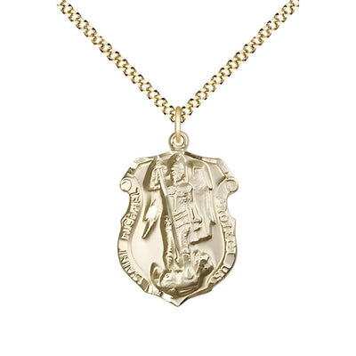 Shield St. Michael the Archangel 14kt Gold-filled Oval Medal Pendant with Gold-plated Chain, Measures 3/4-inch tall by 1/2-inch wide. Deluxe Gift Box, Bliss Manufacturing