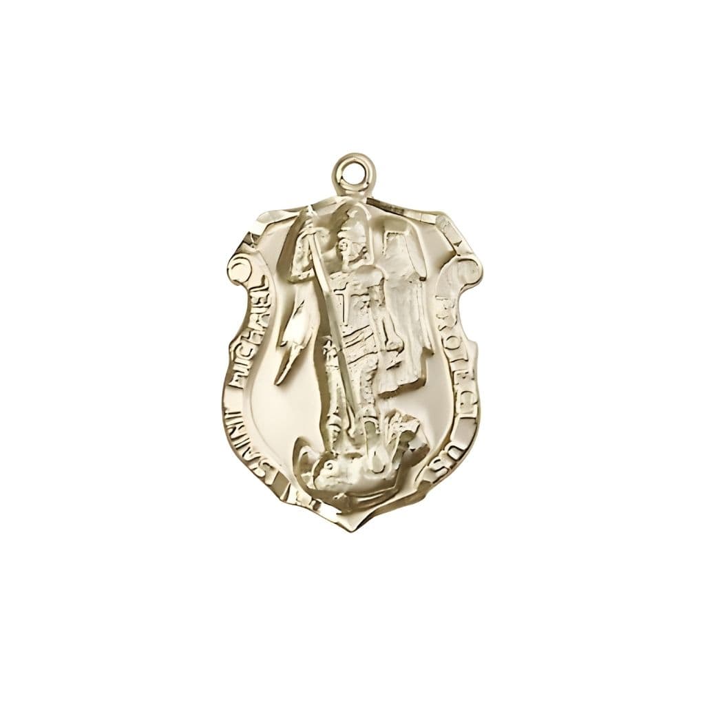 Bliss Shield St. Michael  the Archangel 14kt Gold Oval Medal Pendant, Measures 3/4-inch tall by 1/2-inch wide. Deluxe Gift Box.
