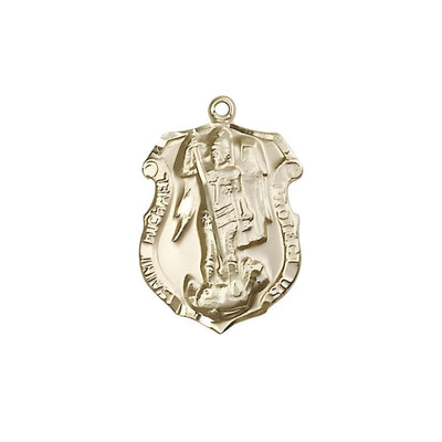 Shield St. Michael the Archangel 14kt Gold Oval Medal Pendant, Measures 3/4-inch tall by 1/2-inch wide. Deluxe Gift Box, Bliss Manufacturing