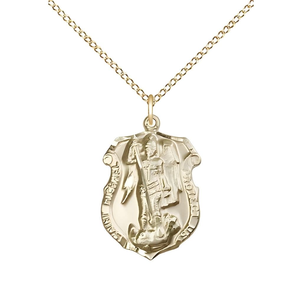 Bliss Shield St. Michael  the Archangel 14kt Gold Oval Medal Pendant with 14kt Gold Chain, Measures 3/4-inch tall by 1/2-inch wide. Deluxe Gift Box.