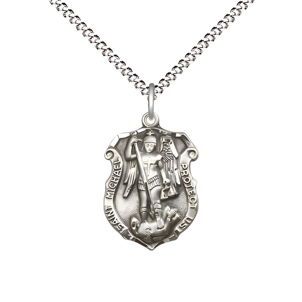 Bliss Shield St. Michael  the Archangel Pewter Oval Medal Pendant with Rhodium-plated Chain, Measures 3/4-inch tall by 1/2-inch wide. Deluxe Gift Box.