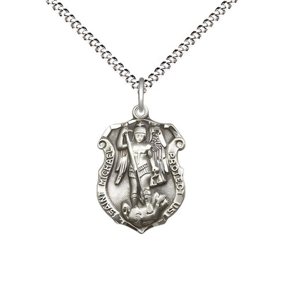 Shield St. Michael the Archangel Pewter Oval Medal Pendant with Rhodium-plated Chain, Measures 3/4-inch tall by 1/2-inch wide. Deluxe Gift Box, Bliss Manufacturing