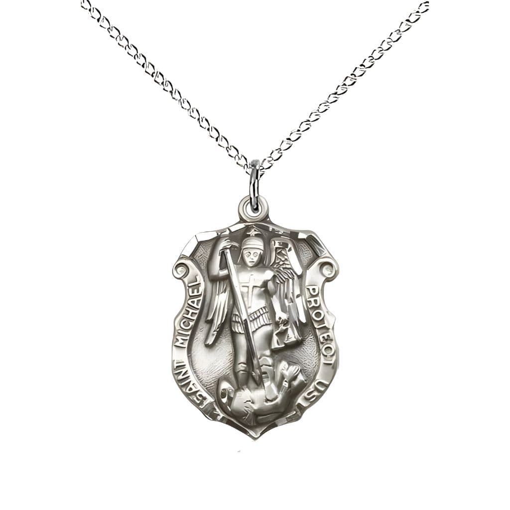 Bliss Shield St. Michael  the Archangel Sterling Silver Oval Medal Pendant with Sterling Silver Chain, Measures 3/4-inch tall by 1/2-inch wide. Deluxe Gift Box.