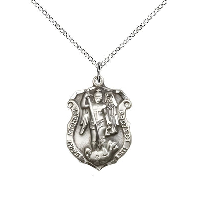 Shield St. Michael the Archangel Sterling Silver Oval Medal Pendant with Sterling Silver Chain, Measures 3/4-inch tall by 1/2-inch wide. Deluxe Gift Box, Bliss Manufacturing