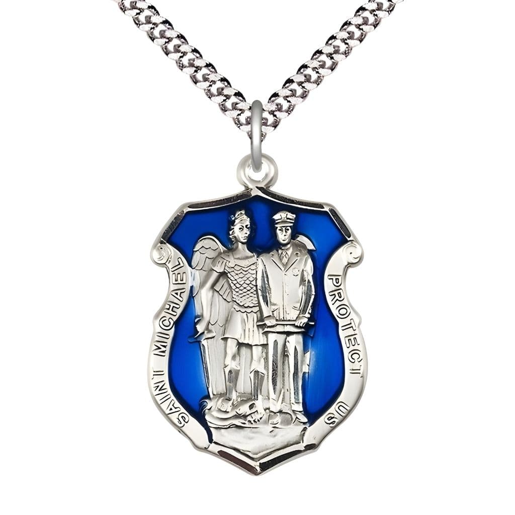 Bliss St. Michael and Police Officer Blue Pewter Oval Medal Pendant with Rhodium-plated Chain, Measures 1-inch tall by 3/4-inch wide. Deluxe Gift Box.