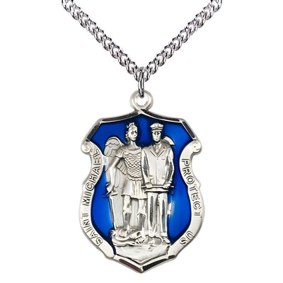 St. Michael and Police Officer Blue Sterling Silver Oval Medal Pendant with Sterling Silver Chain, Measures 1-inch tall by 3/4-inch wide. Deluxe Gift Box, Bliss Manufacturing