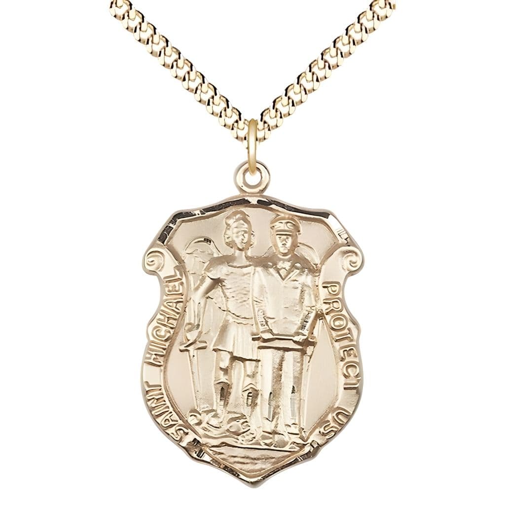 Bliss St. Michael and Police Officer 14kt Gold-filled Oval Medal Pendant with Gold-plated Chain, Measures 1-inch tall by 3/4-inch wide. Deluxe Gift Box.