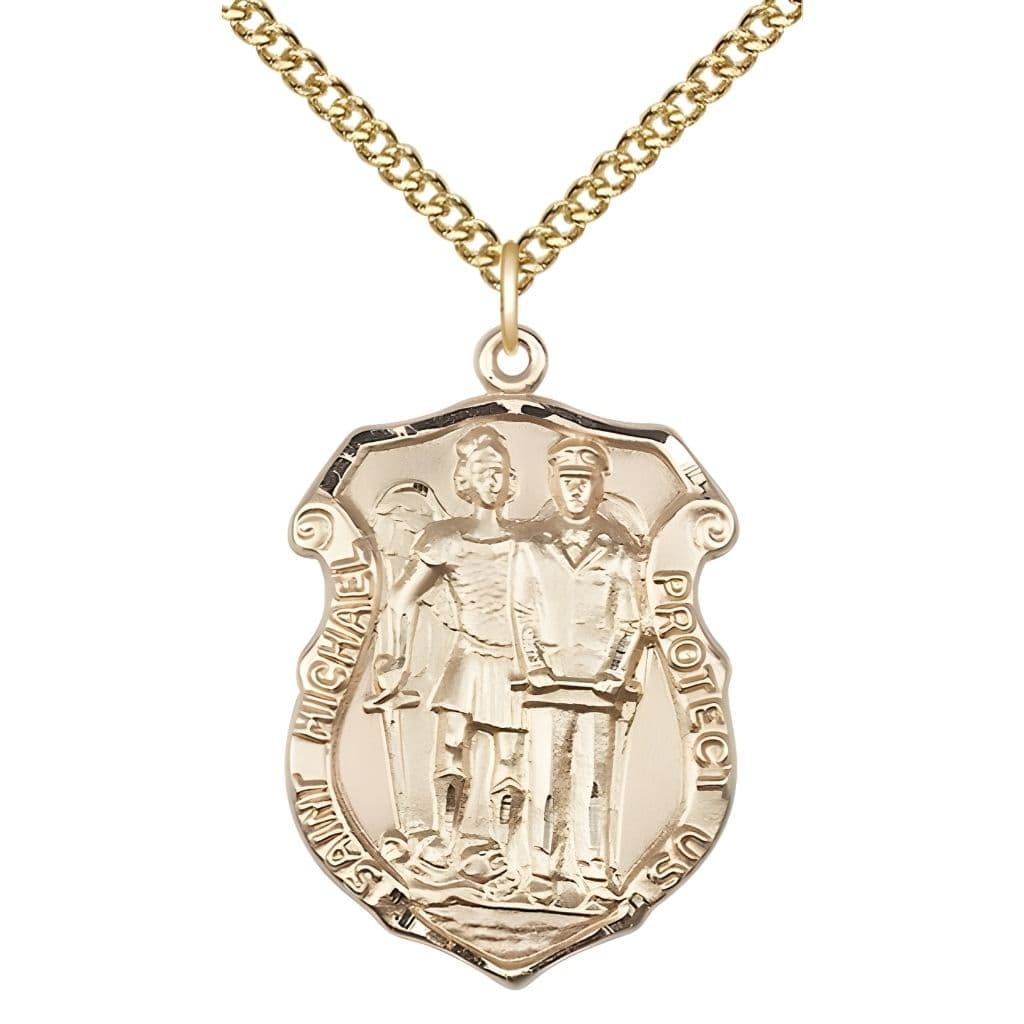 Bliss St. Michael and Police Officer 14kt Gold-filled Oval Medal Pendant with Gold-filled Chain, Measures 1-inch tall by 3/4-inch wide. Deluxe Gift Box.