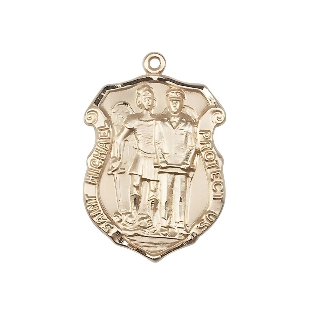 Bliss St. Michael and Police Officer 14kt Gold Oval Medal Pendant, Measures 1-inch tall by 3/4-inch wide. Deluxe Gift Box.