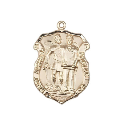 St. Michael and Police Officer 14kt Gold Oval Medal Pendant, Measures 1-inch tall by 3/4-inch wide. Deluxe Gift Box, Bliss Manufacturing