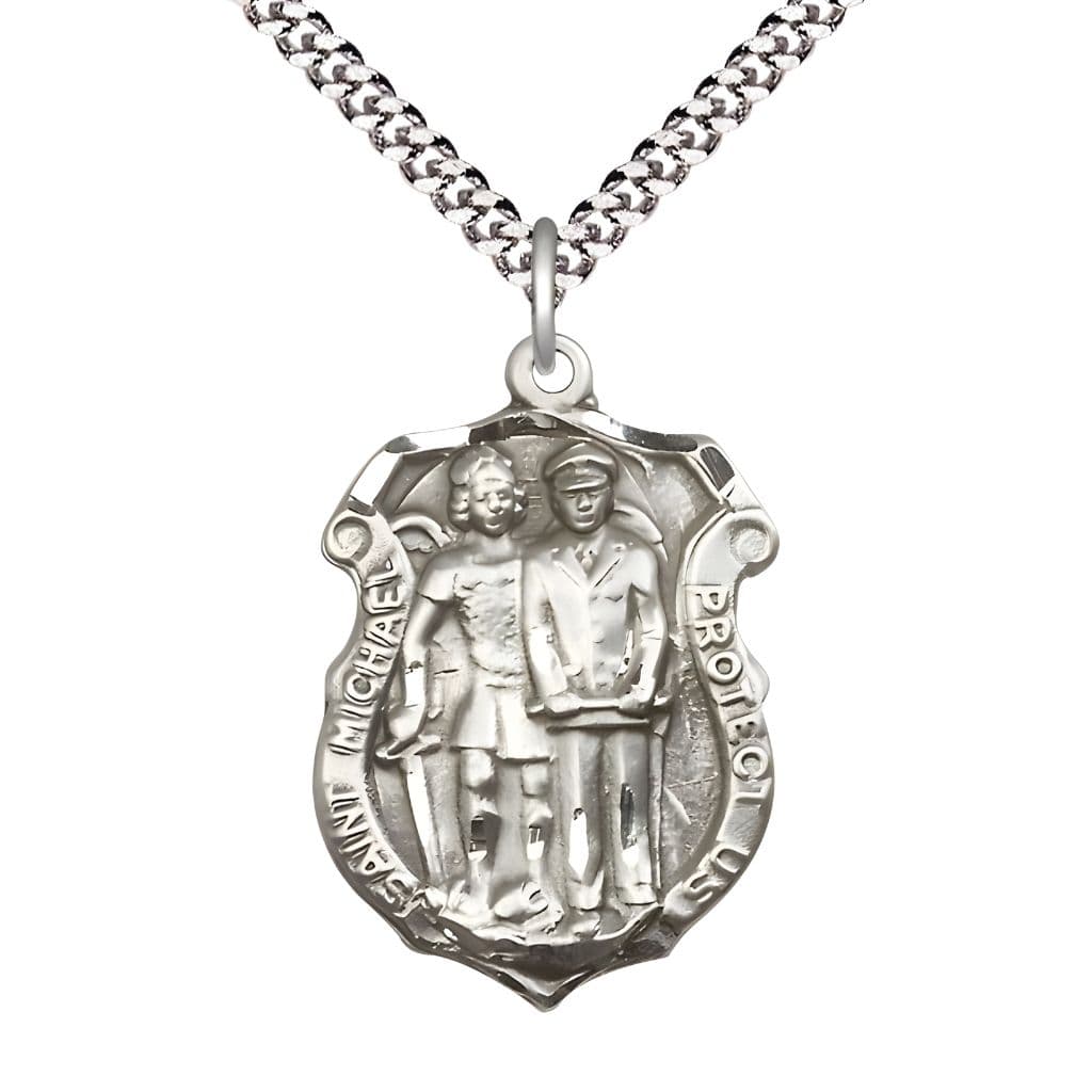 Bliss St. Michael and Police Officer Sterling Silver Oval Medal Pendant with Rhodium-plated Chain, Measures 1-inch tall by 3/4-inch wide. Deluxe Gift Box.