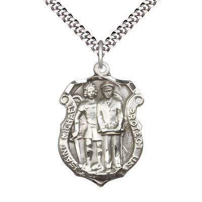 St. Michael and Police Officer Sterling Silver Oval Medal Pendant with Rhodium-plated Chain, Measures 1-inch tall by 3/4-inch wide. Deluxe Gift Box, Bliss Manufacturing