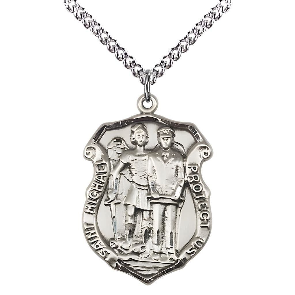 Bliss St. Michael and Police Officer Sterling Silver Oval Medal Pendant with Sterling Silver Chain, Measures 1-inch tall by 3/4-inch wide. Deluxe Gift Box.