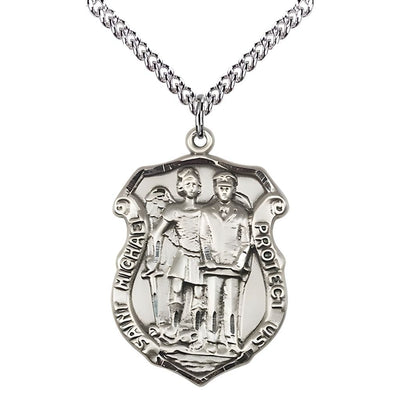 St. Michael and Police Officer Sterling Silver Oval Medal Pendant with Sterling Silver Chain, Measures 1-inch tall by 3/4-inch wide. Deluxe Gift Box, Bliss Manufacturing