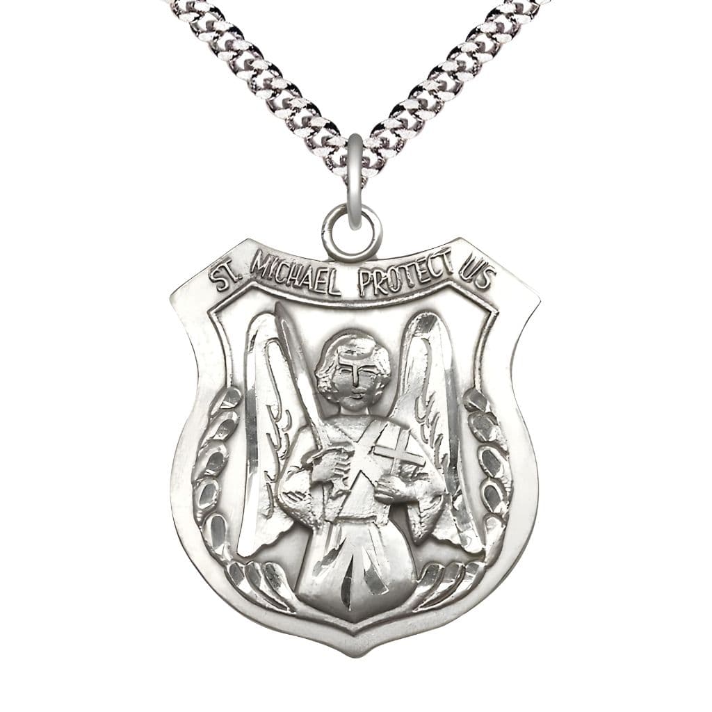 Bliss St. Michael Shield, Sword and Cross Pewter Oval Medal Pendant with Rhodium-plated Chain, Measures 1 3/8-inch tall by 1 1/8-inch wide. Deluxe Gift Box.