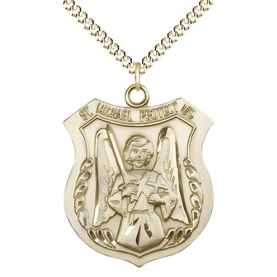 St. Michael Shield, Sword and Cross 14kt Gold-filled Oval Medal Pendant with Gold-plated Chain, Measures 1 3/8-inch tall by 1 1/8-inch wide. Deluxe Gift Box, Bliss Manufacturing
