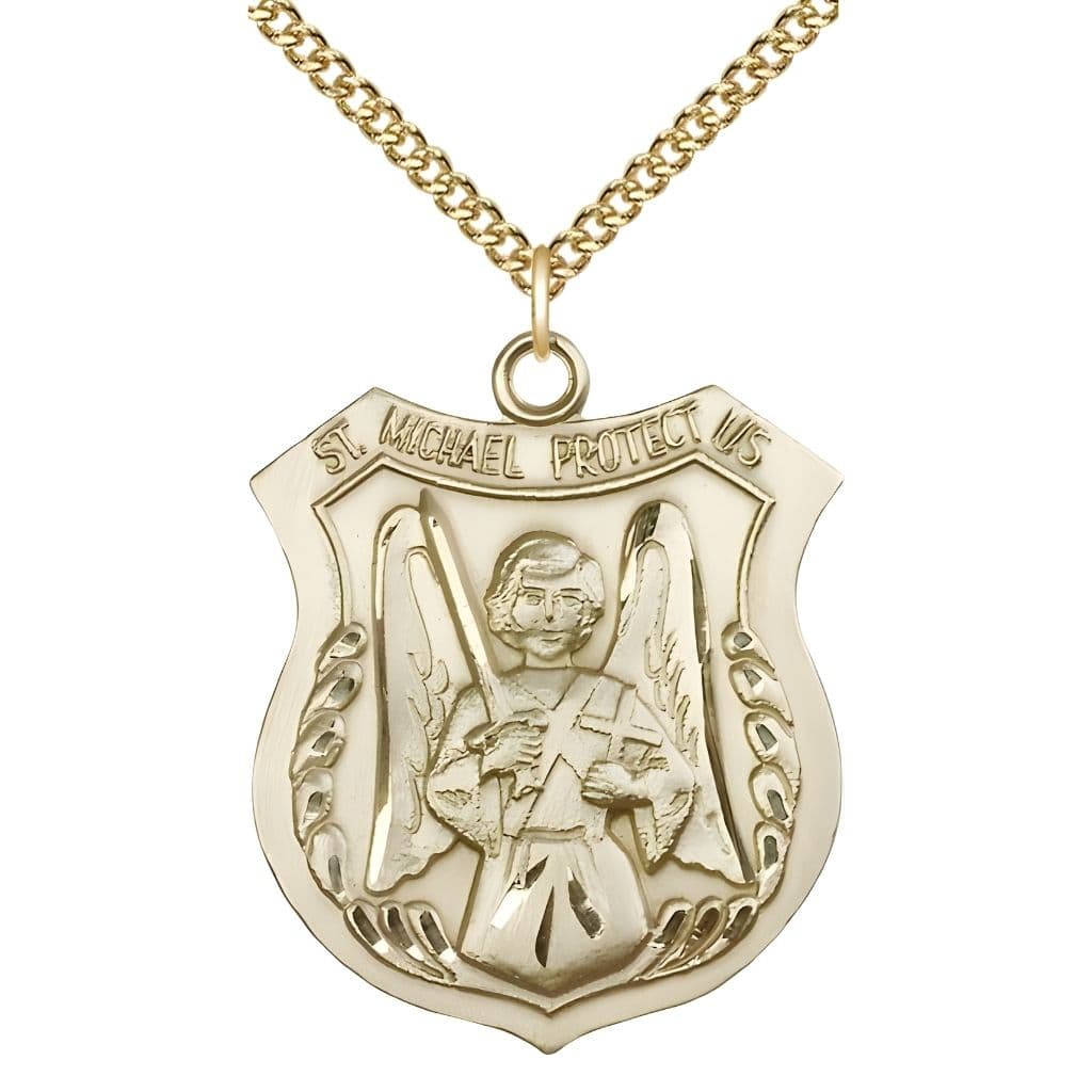 Bliss St. Michael Shield, Sword and Cross 14kt Gold-filled Oval Medal Pendant with Gold-filled Chain, Measures 1 3/8-inch tall by 1 1/8-inch wide. Deluxe Gift Box.