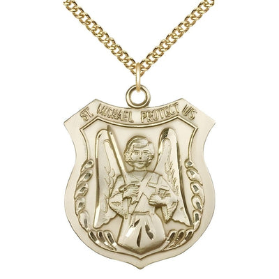 St. Michael Shield, Sword and Cross 14kt Gold-filled Oval Medal Pendant with Gold-filled Chain, Measures 1 3/8-inch tall by 1 1/8-inch wide. Deluxe Gift Box, Bliss Manufacturing