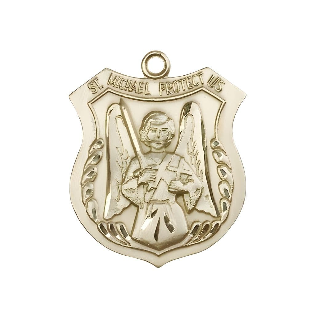 Bliss St. Michael Shield, Sword and Cross 14kt Gold Oval Medal Pendant, Measures 1 3/8-inch tall by 1 1/8-inch wide. Deluxe Gift Box.