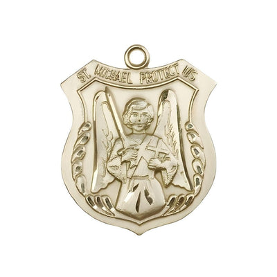 St. Michael Shield, Sword and Cross 14kt Gold Oval Medal Pendant, Measures 1 3/8-inch tall by 1 1/8-inch wide. Deluxe Gift Box, Bliss Manufacturing