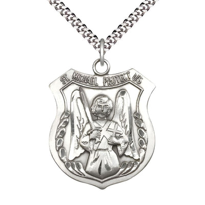 St. Michael Shield, Sword and Cross Sterling Silver Oval Medal Pendant with Rhodium-plated Chain, Measures 1 3/8-inch tall by 1 1/8-inch wide. Deluxe Gift Box, Bliss Manufacturing