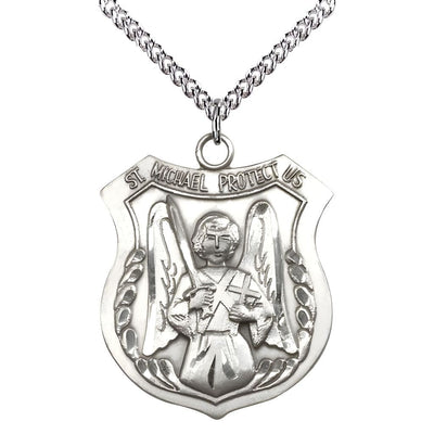 St. Michael Shield, Sword and Cross Sterling Silver Oval Medal Pendant with Sterling Silver Chain, Measures 1 3/8-inch tall by 1 1/8-inch wide. Deluxe Gift Box, Bliss Manufacturing