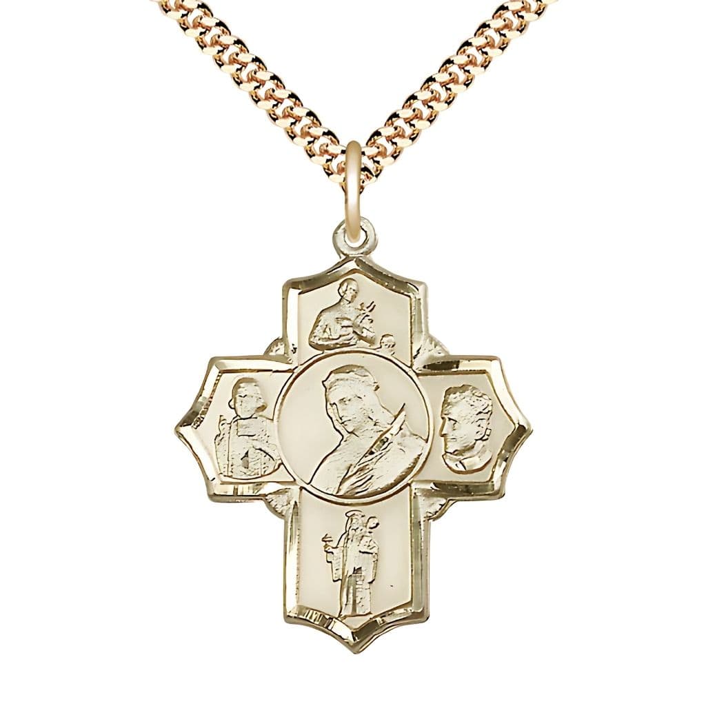 Bliss 14kt Gold-filled 5-Way Cross Medal with Gold-plated Chain, Saints Philomena, Gerard, John Vianney, Jude & John Bosco,