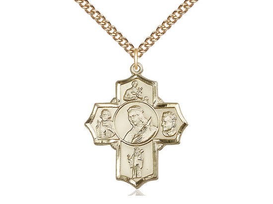 Bliss 5-Way St Philomena, Gerard, Vianney, Bosco & Jude Gold-filled Cross Medal w/Gold-filled Chain