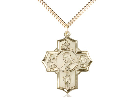 Bliss 5-Way St Philomena, Gerard, Vianney, Bosco & Jude Gold-filled Cross Medal w/Gold-Plated Curb Chain