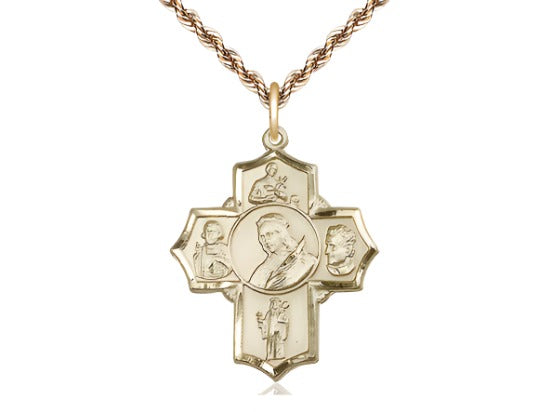 Bliss 5-Way St Philomena, Gerard, Vianney, Bosco & Jude Gold-filled Cross Medal w/Gold-filled Rope Chain