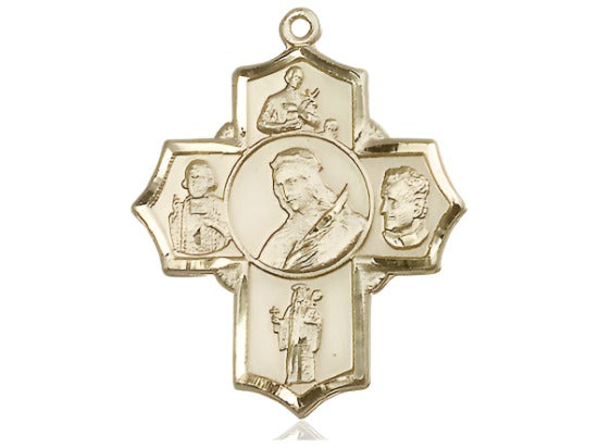 5-Way St Philomena, Gerard, Vianney, Bosco & Jude 14kt Gold Cross Medal