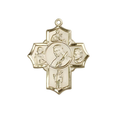 14kt Gold 5-Way Cross Medal, Saints Philomena, Gerard, John Vianney, Jude & John Bosco, Bliss Manufacturing