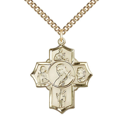 14kt Gold 5-Way Cross Medal with 14kt Gold Curb Chain, Saints Philomena, Gerard, John Vianney, Jude & John Bosco, Bliss Manufacturing