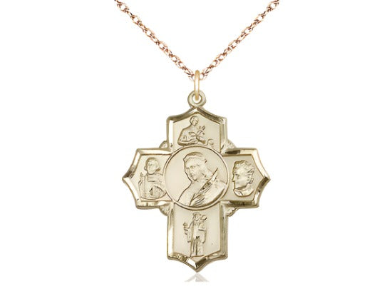 5-Way St Philomena, Gerard, Vianney, Bosco & Jude 14kt Gold Cross Medal w/ 14kt Gold Rope Chain