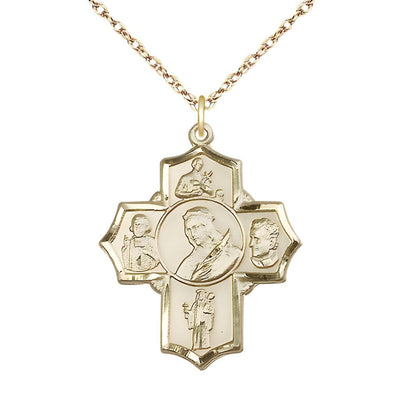 14kt Gold 5-Way Cross Medal with 14kt Gold Rope Chain, Saints Philomena, Gerard, John Vianney, Jude & John Bosco, Bliss Manufacturing
