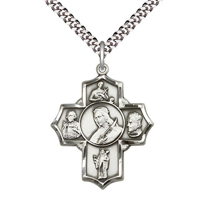 Sterling Silver 5-Way Cross Medal with Plated Chain, Saints Philomena, Gerard, John Vianney, Jude & John Bosco, Bliss Manufacturing