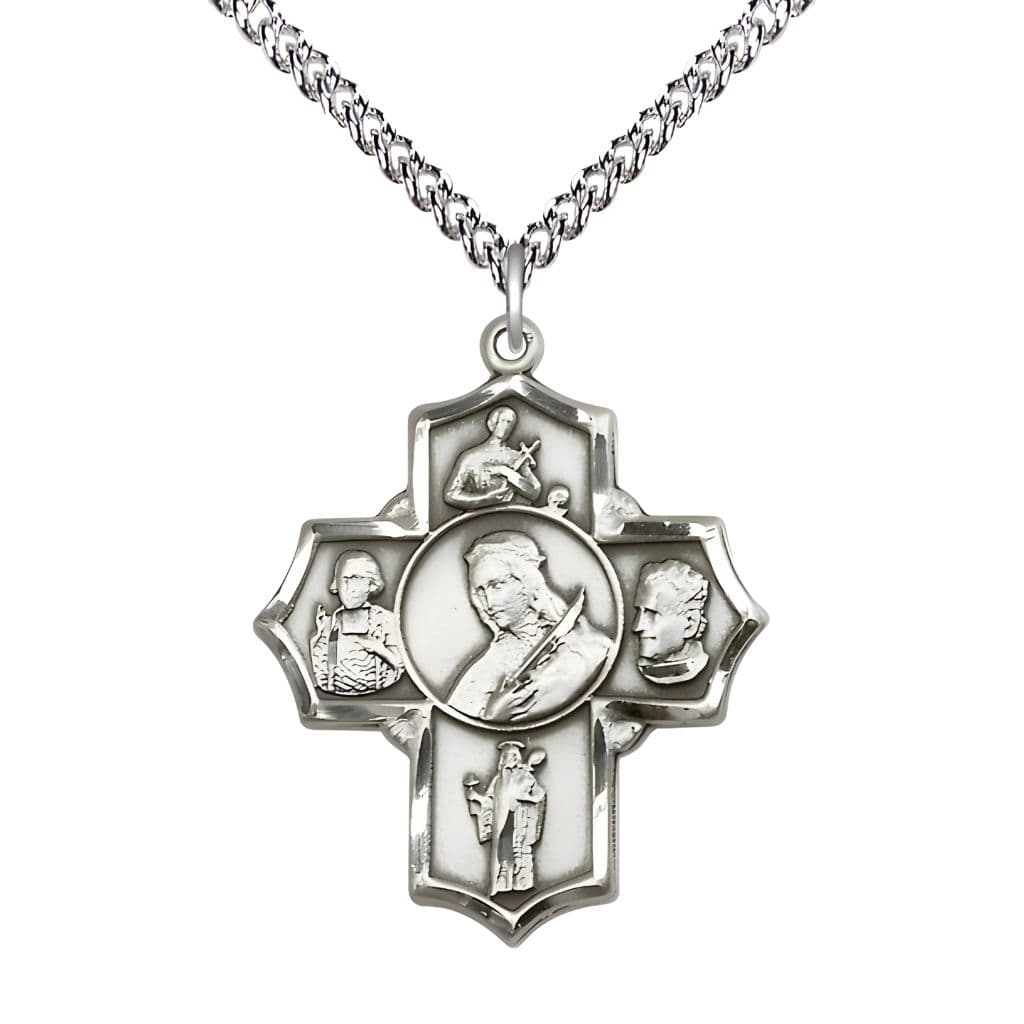 Bliss Sterling Silver 5-Way Cross Medal with Sterling Curb Chain, Saints Philomena, Gerard, John Vianney, Jude & John Bosco,