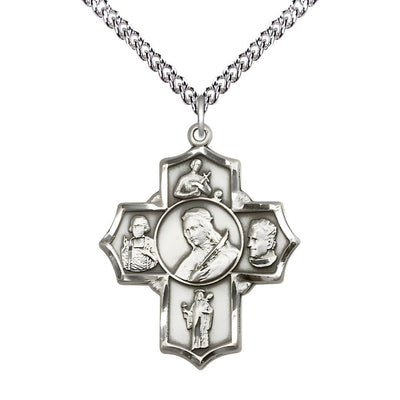 Sterling Silver 5-Way Cross Medal with Sterling Curb Chain, Saints Philomena, Gerard, John Vianney, Jude & John Bosco, Bliss Manufacturing