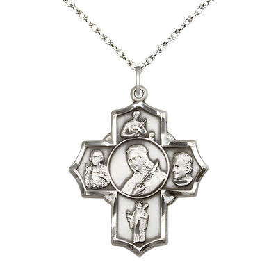 Sterling Silver 5-Way Cross Medal with Sterling Rope Chain, Saints Philomena, Gerard, John Vianney, Jude & John Bosco, Bliss Manufacturing