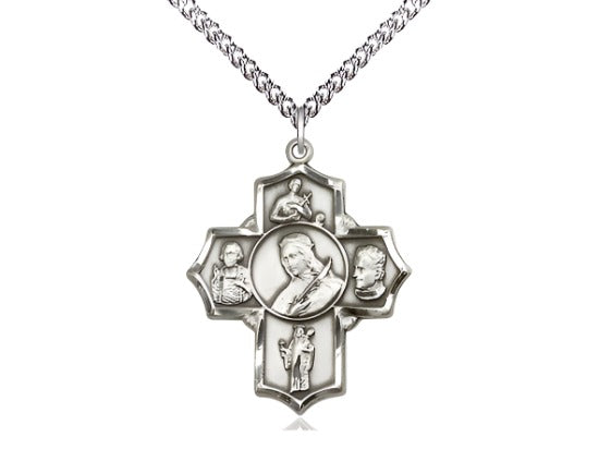 Bliss 5-Way St Philomena, Gerard, Vianney, Bosco & Jude Sterling Cross Medal w/Sterling Curb Chain